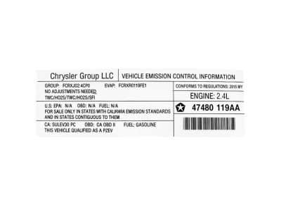Mopar 47480119AA Label Vehicle Emission Control Information