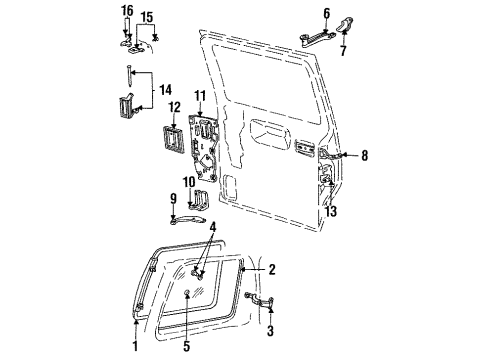 1989 Dodge Caravan Side Loading Door - Glass & Hardware Diagram