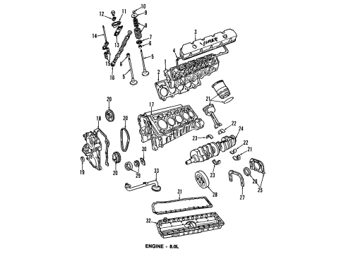 1993 Dodge Viper Engine Parts, Mounts, Cylinder Head & Valves, Camshaft & Timing, Oil Cooler, Oil Pan, Oil Pump, Crankshaft & Bearings, Pistons, Rings & Bearings Diagram