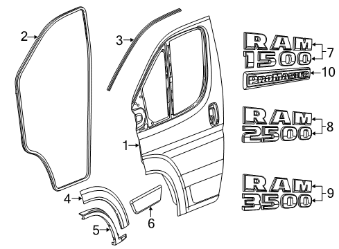 2019 Ram ProMaster 1500 Front Door & Components, Exterior Trim Diagram