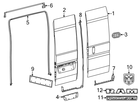 2019 Ram ProMaster 1500 Back Door & Components, Exterior Trim Diagram