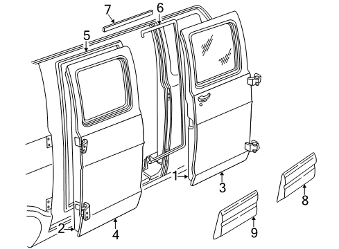 1998 Dodge B2500 Side Loading Door & Components, Exterior Trim, Body Diagram 1 - Thumbnail