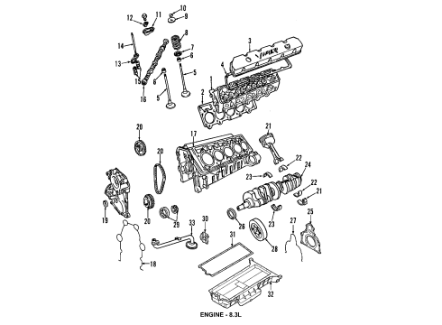 2006 Dodge Viper Engine Parts, Mounts, Cylinder Head & Valves, Camshaft & Timing, Oil Cooler, Oil Pan, Oil Pump, Crankshaft & Bearings, Pistons, Rings & Bearings Diagram