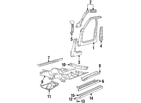 1995 Jeep Grand Cherokee Center Pillar, Hinge Pillar, Rocker, Exterior Trim, Floor & Rails, Uniside Diagram