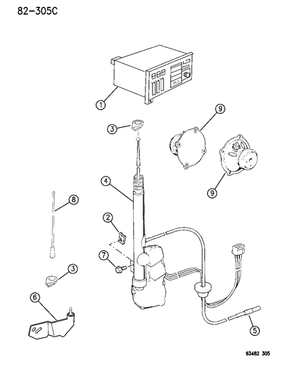 1987 Chrysler Town & Country Mast, Power Antenna Replacement, W/Contact - Spring - Nut Diagram for 4740369