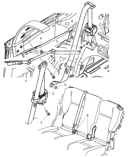 2005 Chrysler PT Cruiser Seat Belt Rear Diagram for XB00XDVAC