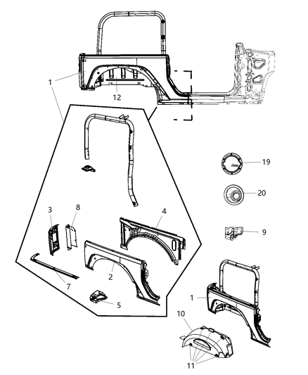 1985 Jeep J20 Panel Quarter Inner Diagram for 55395895AF
