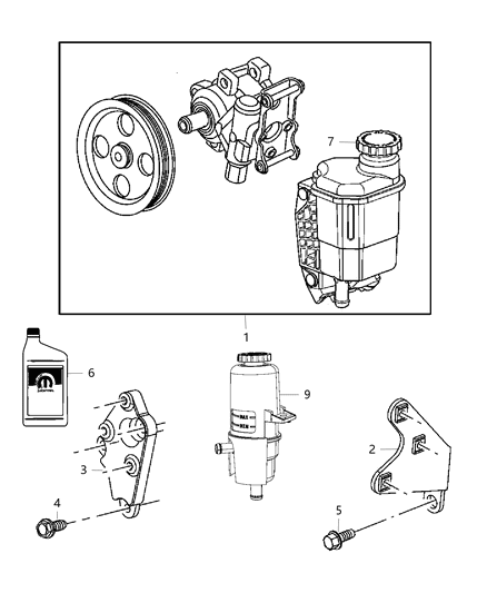 Pump Power Steering Includes Pulley, Reservoir, And Cap Diagram for 68225509AA