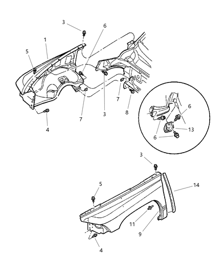 2004 Chrysler PT Cruiser Fender Diagram for 55255031AC