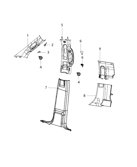 2012 Jeep Patriot Molding A Pillar Includes Screw Caps Diagram for 6NF771X9AD
