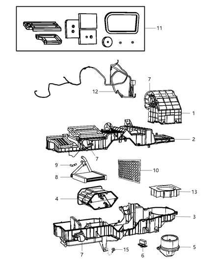 Housing A/C And Heater Upper: Duct, Seals, Actuator Diagram for 68021982AA