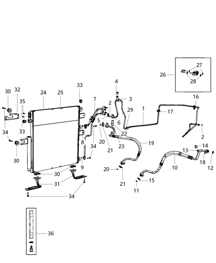 Line A/C Suction: Gasket, O-Rings, Valve Core, Cap, Clips Diagram for 55056865AC