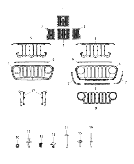 2005 Chrysler PT Cruiser Clip Spring Rings To Grille Diagram for 68351981AA