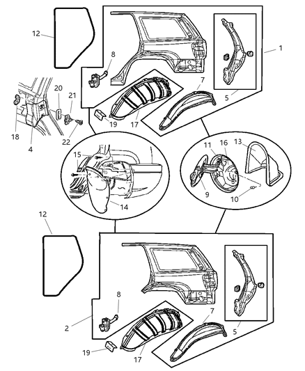 2019 Jeep Grand Cherokee Panel Quarter Outer Skin, Dogleg, No Taillamp Pocket Diagram for 5017867AB