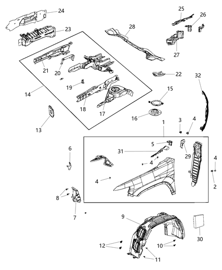 Shield Wheelhouse Front Diagram for 68395845AA