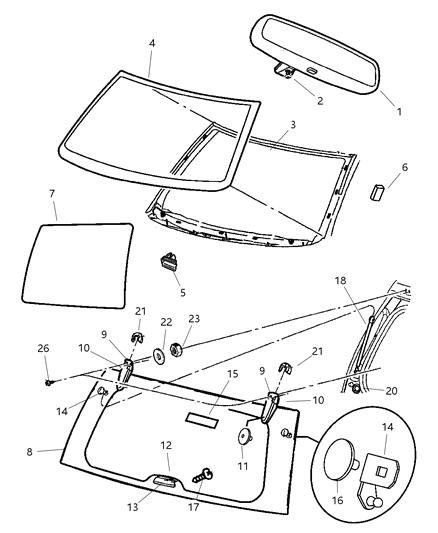 Ball Stud Liftgate Glass Diagram for 55136968AA
