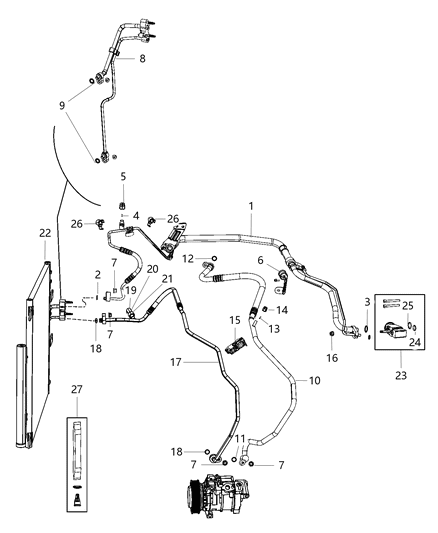 2012 Jeep Liberty Line A/C Suction Includes: Gaskets, Valve Core, Cap, Clips Diagram for 68145690AC