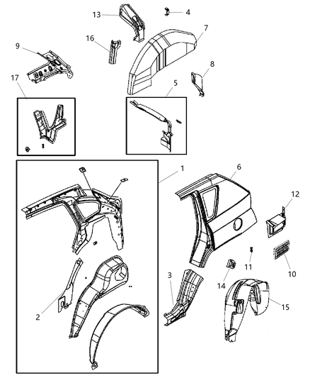 2005 Jeep Grand Cherokee Shield Wheelhouse Diagram for 5303949AB