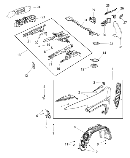 Mucket Fender To Cowl Diagram for 68102561AB
