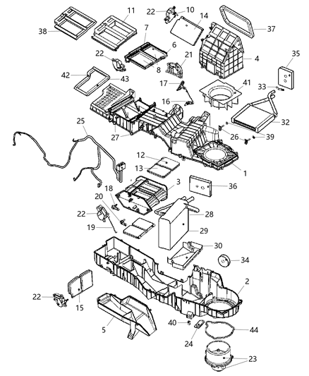 Housing A/C And Heater Upper: Duct, Seals, Actuator Diagram for 68021978AA