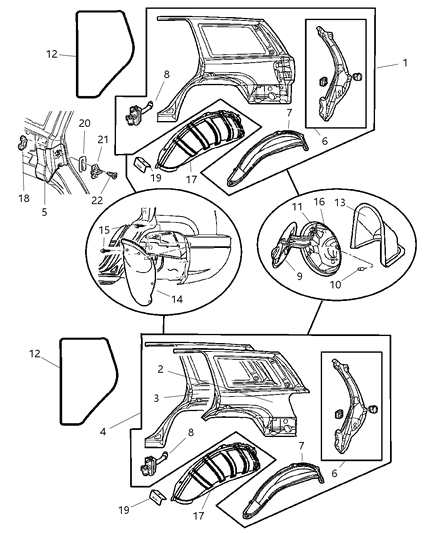 2001 Jeep Grand Cherokee Panel Quarter Outer Only, No Dogleg, No Taillamp Pocket Diagram for 5017867AA