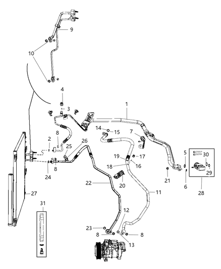 Cooler Condenser & Transmission Cooler w/ Jumper Tube, Drier Diagram for 52014632AA