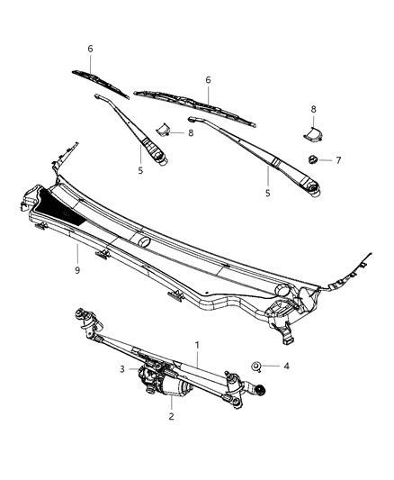 Wiper Assembly Windshield Includes Motor, Pivot, And Linkage Diagram for 55079158AD