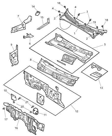 2006 Chrysler PT Cruiser Panel Cowl Plenum Lower Diagram for 55255708AH