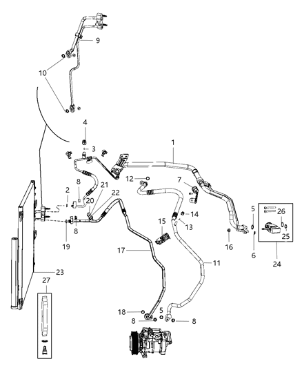 Line A/C Suction And Liquid: Gaskets, Valve Core, Cap Diagram for 68105177AE