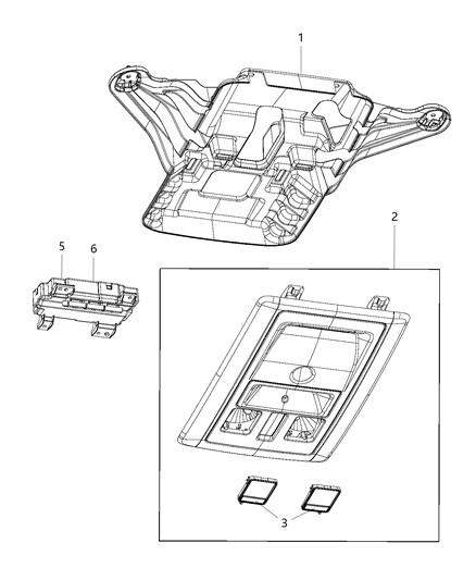 2018 Ram 2500 Housing Overhead Console: LED Lamps Serviced Assembly Only Diagram for 1VG10BD1AA