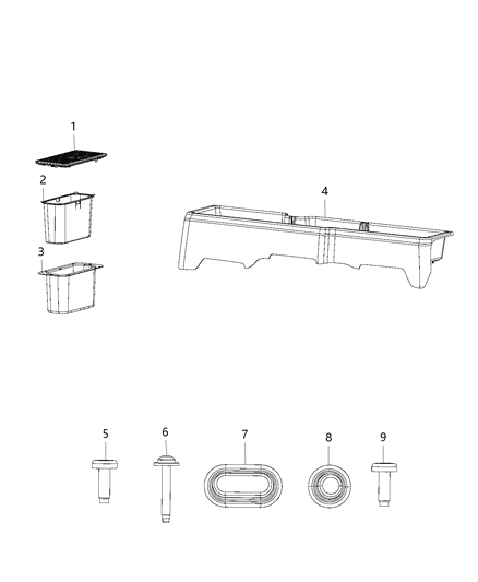 Bin Storage Foot Wells, Second Row Floor Diagram for 68154661AB