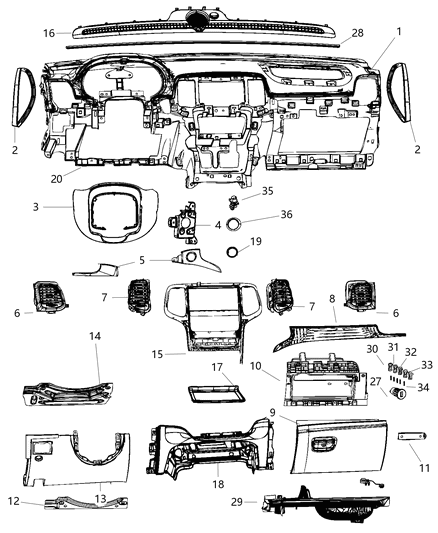 Center Stack Vehicle Feature Controls Bezel Diagram for 68253725AD