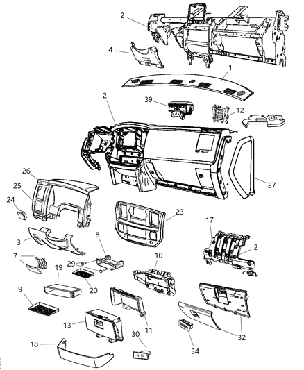2007 Dodge Ram 2500 Bezel Instrument Panel Center Diagram for 1CP581J8AA