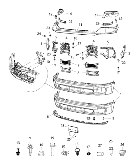 Cap Front Bumper Upper Filler Below Headlamp & Above Bumper Diagram for 55372919AC